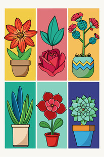 多彩盆栽花卉插画