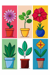 多彩盆栽花卉插画