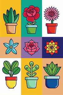 多彩花卉与仙人掌插画