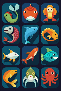 多彩海洋生物图标集合