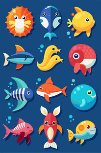 多彩海洋鱼类卡通图案