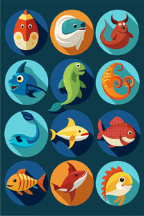 多彩海洋生物图标集合