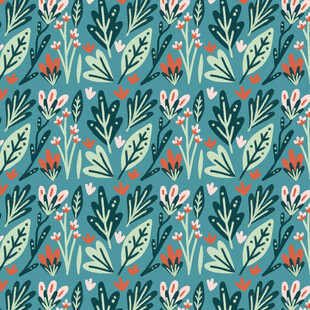 蓝底花卉植物无缝图案