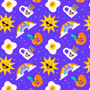 紫色背景多彩卡通图案