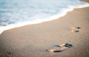 沙滩上的脚印与海浪