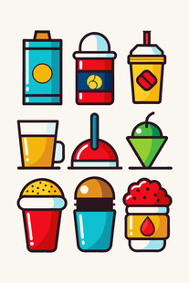 多彩饮品与甜点图标集合