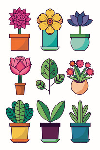 多彩盆栽植物插画