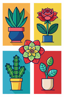 多彩盆栽花卉插画
