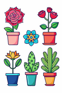 多彩盆栽花卉插画