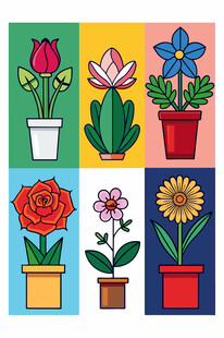 多彩盆栽花卉插画