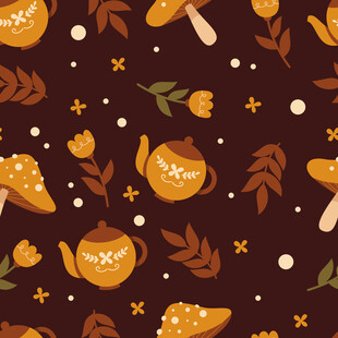 秋季蘑菇茶壶花卉图案