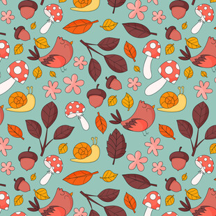 秋日森林风可爱动植物图案