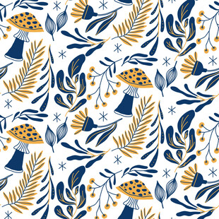 蓝黄植物花卉无缝图案