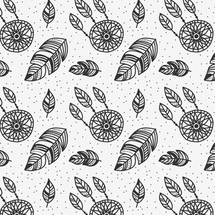 黑白羽毛花卉无缝图案