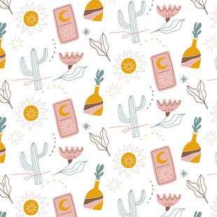 仙人掌与物品的清新图案
