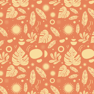 橙底植物图案无缝背景