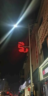 夜晚街头的红色龙形发光路灯