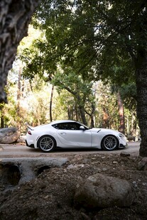 林间公路上的白色酷炫跑车