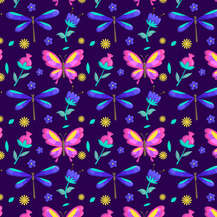 梦幻蝴蝶花卉无缝图案