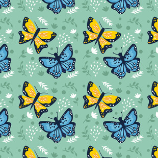 蓝黄蝴蝶绿色背景图案