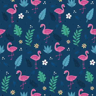 火烈鸟与植物的梦幻图案