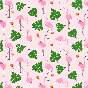粉色火烈鸟与绿叶图案