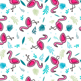 火烈鸟与植物的清新图案