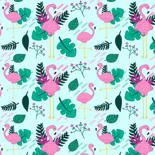 火烈鸟与绿植无缝图案背景