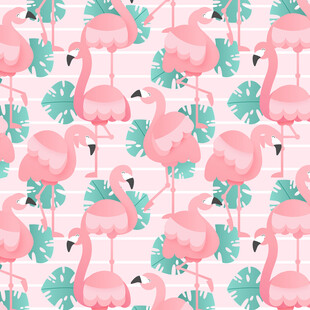 粉色火烈鸟与绿叶图案