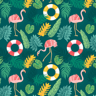 火烈鸟与热带元素图案背景