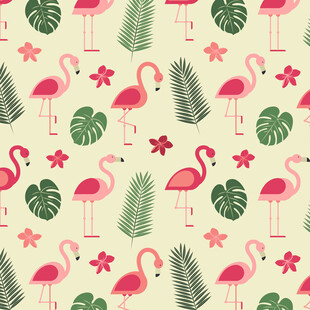 火烈鸟与绿植的清新图案