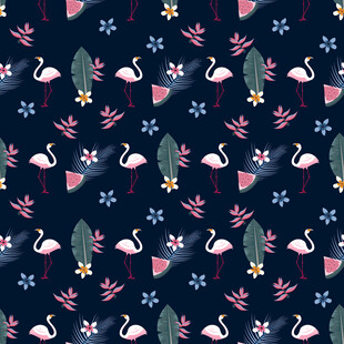 深蓝色底火烈鸟花卉图案