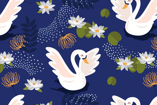 天鹅花卉深蓝色背景图案