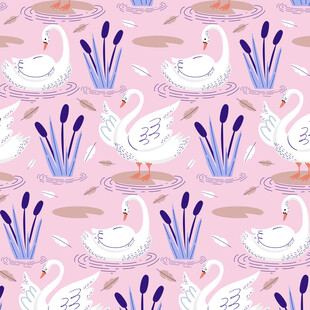 粉色背景天鹅花卉图案