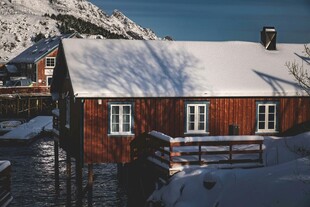 雪覆红屋的静谧山村景色