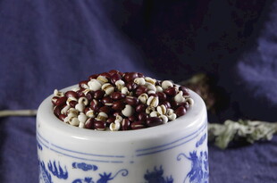 青花瓷罐中的多彩谷物