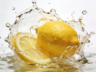 柠檬入水溅起晶莹水花