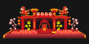 中式喜庆门楼装饰摆件