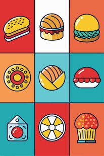 多彩美味的卡通食物图标