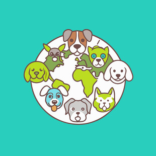 动物环绕地球的可爱插画