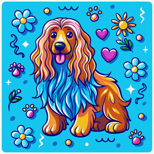 可爱长毛犬的梦幻花卉背景