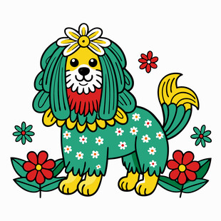 可爱花饰狮子插画