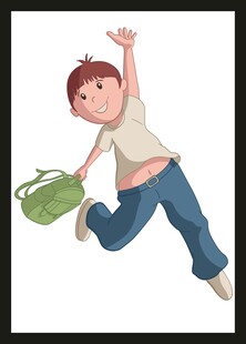 男孩拎包欢快跳跃