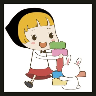 小女孩与白兔玩彩色积木