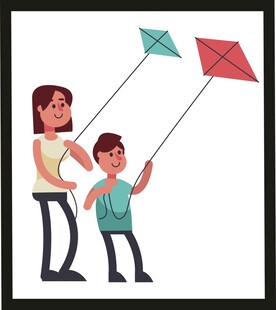 母子欢乐放风筝