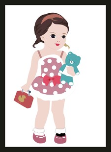 可爱女孩抱玩偶提小包