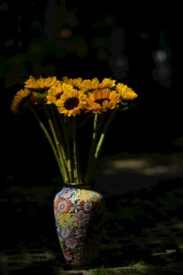 花瓶中盛放的灿烂小黄花