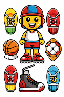 卡通男孩与多样鞋类及球