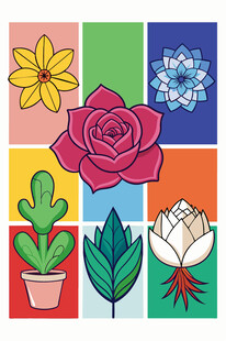 多彩花卉盆栽插画