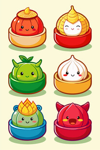 可爱卡通风格中式点心集合
